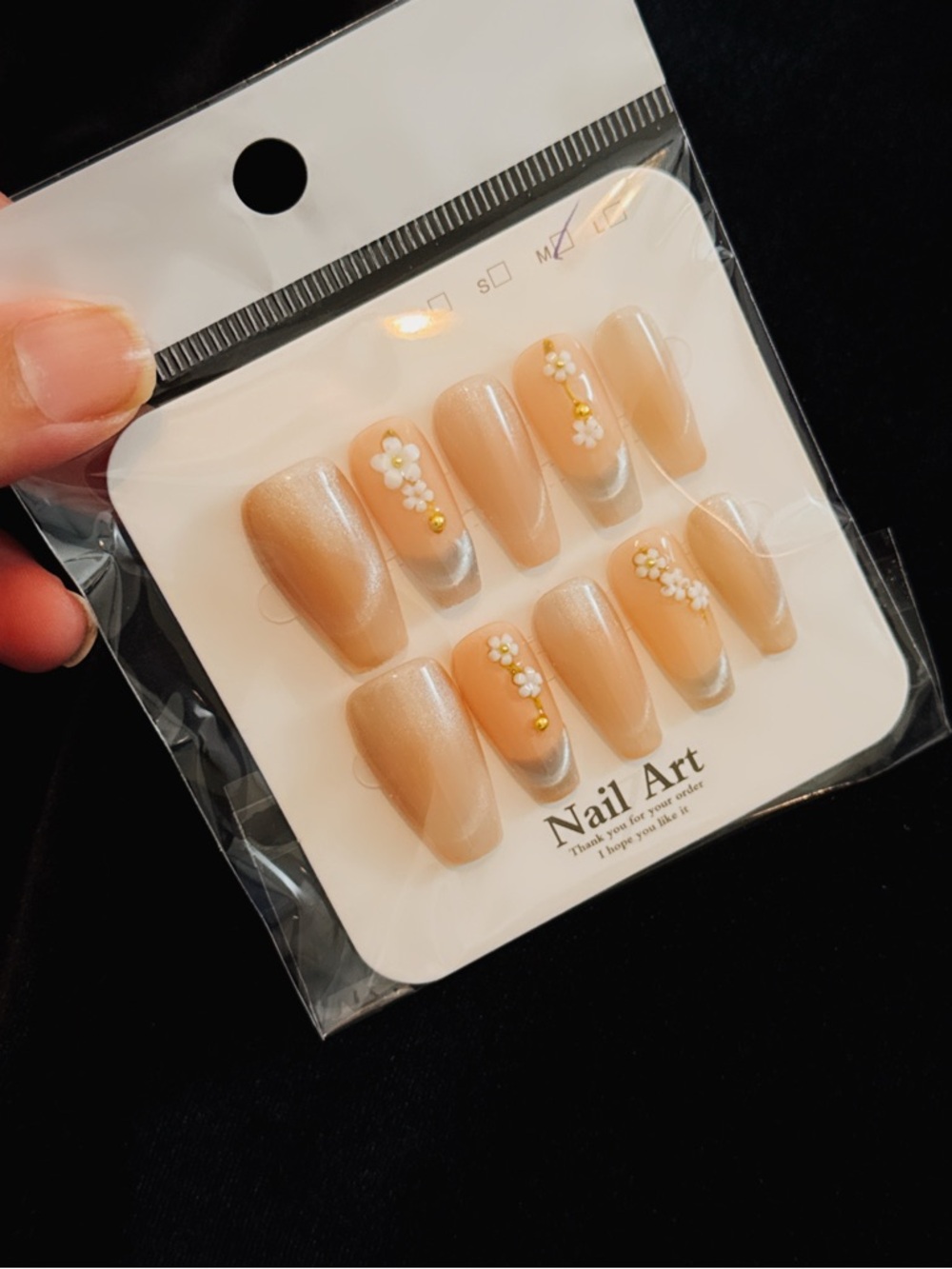 Peach Nude Floral Press-On Nails with Gold Accents
